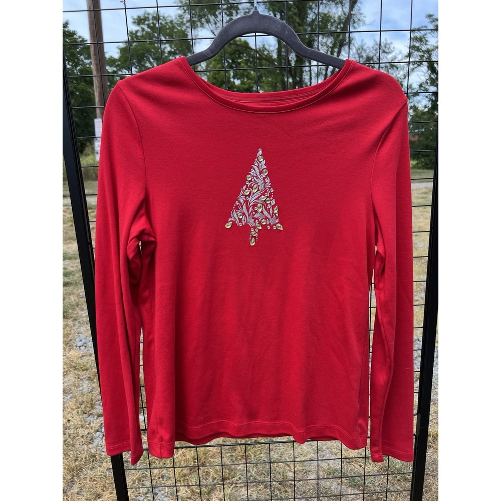 Croft & Barrow Women's Top Classic Tee Size Small Long Sleeve Red Christmas Tree